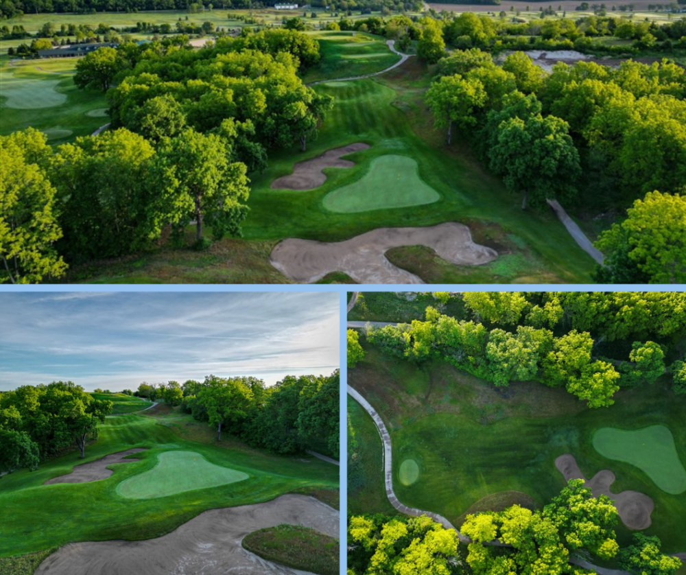 Collage of photos of hole 17 at Hawk's Views Como Crossings course.