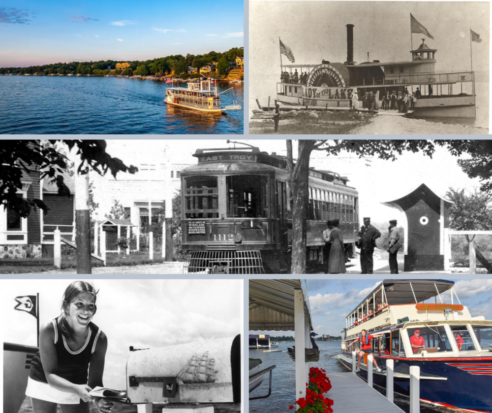 Collage of cruise line boats of Lake Geneva and historic train
