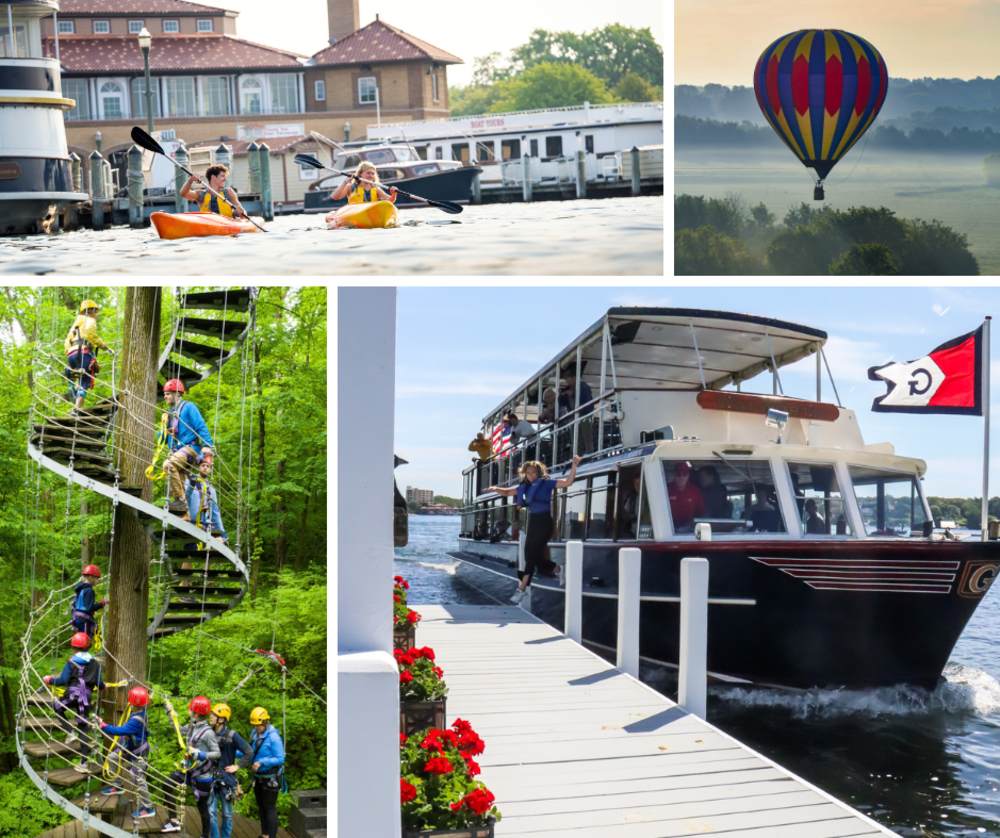 Collage of photos of families enjoying Lake Geneva area activities and attractions.