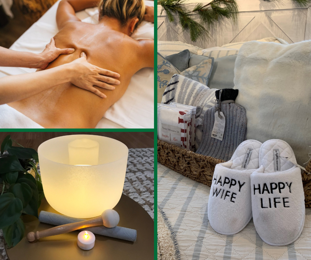 Collage of photos of spa items you can buy in Lake Geneva
