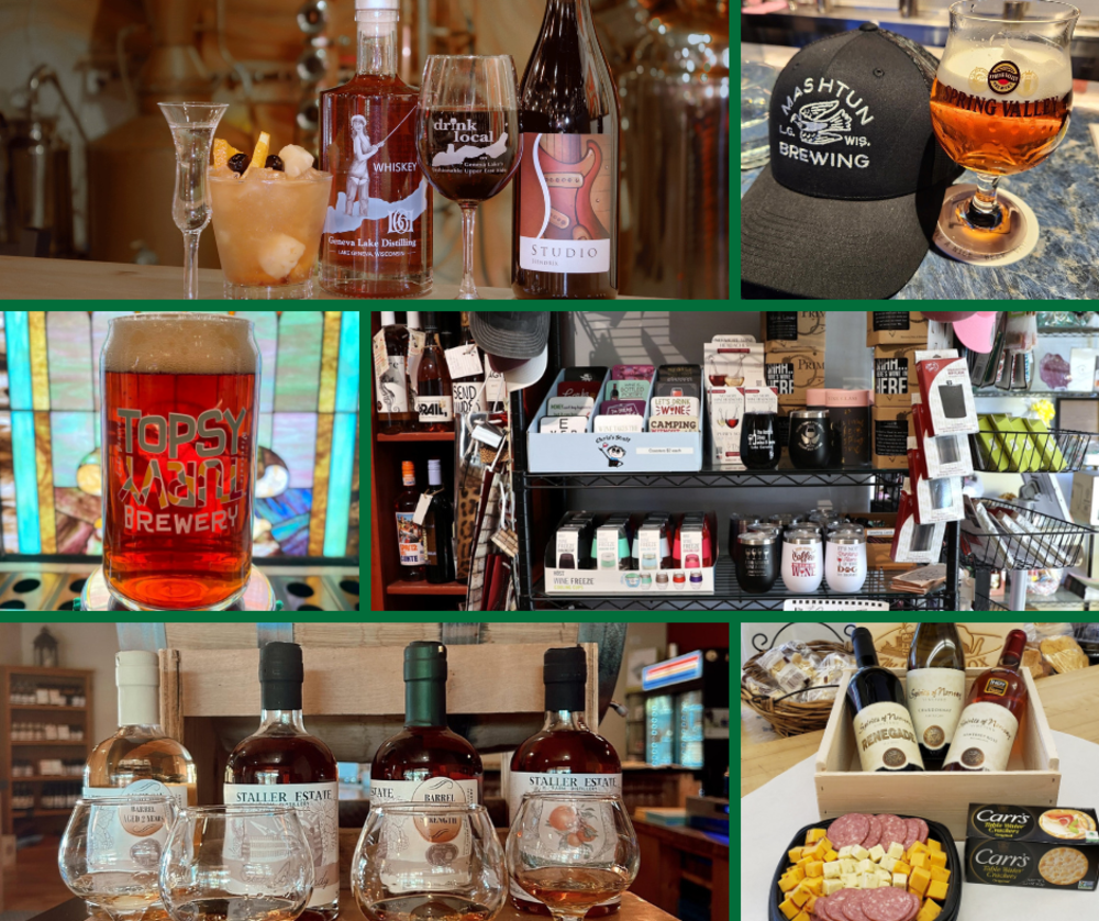 Collage of photos of wine and spirits you can purchase in Lake Geneva