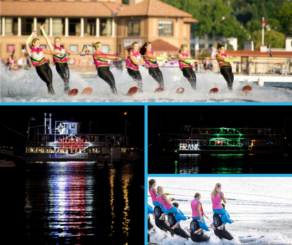Water skiers and lighted boat parade images