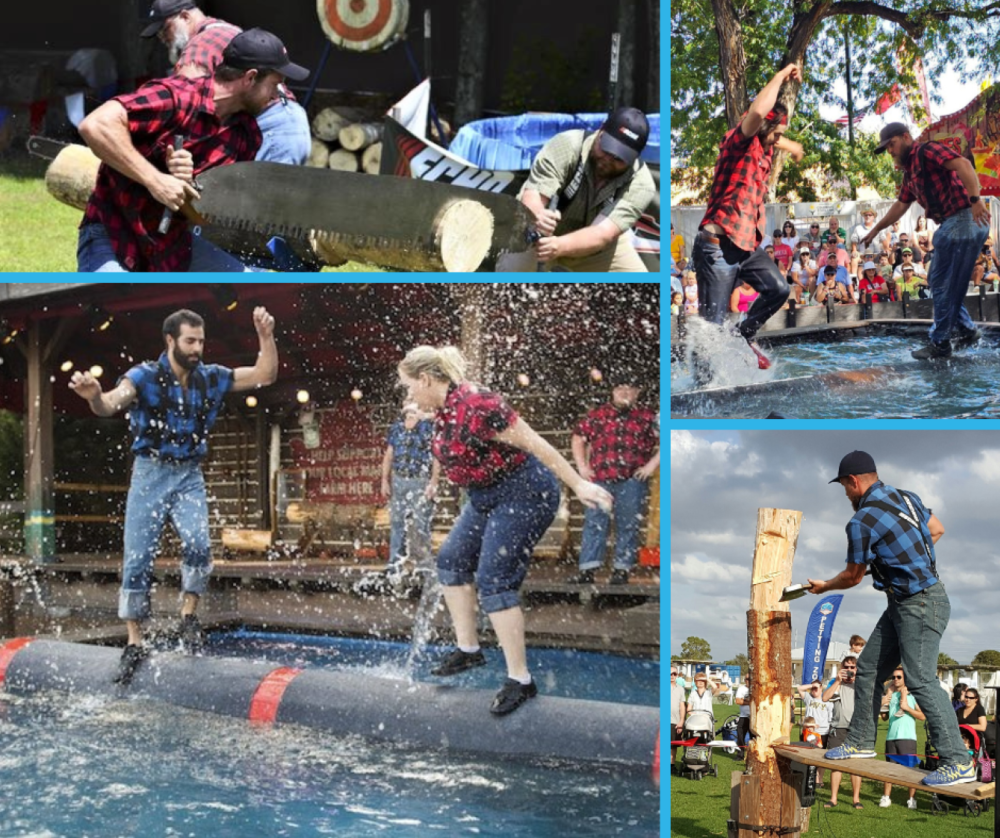 Collage of photos of a lumberjack competition