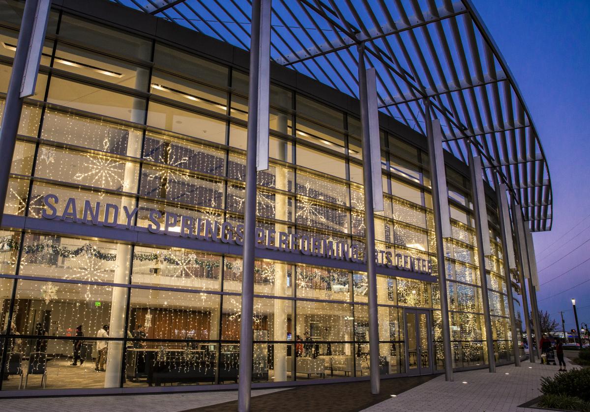 The front of the Sandy Springs Performing Arts Center decorated for the Holidays