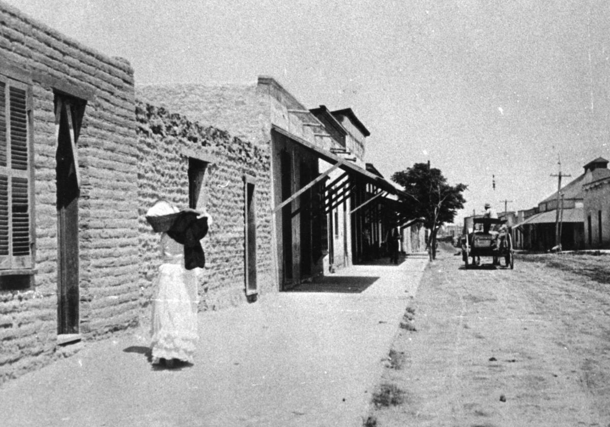 A view of adobe buildings along S. Meyer Ave. in Tucson's historic Barrio Viejo.
