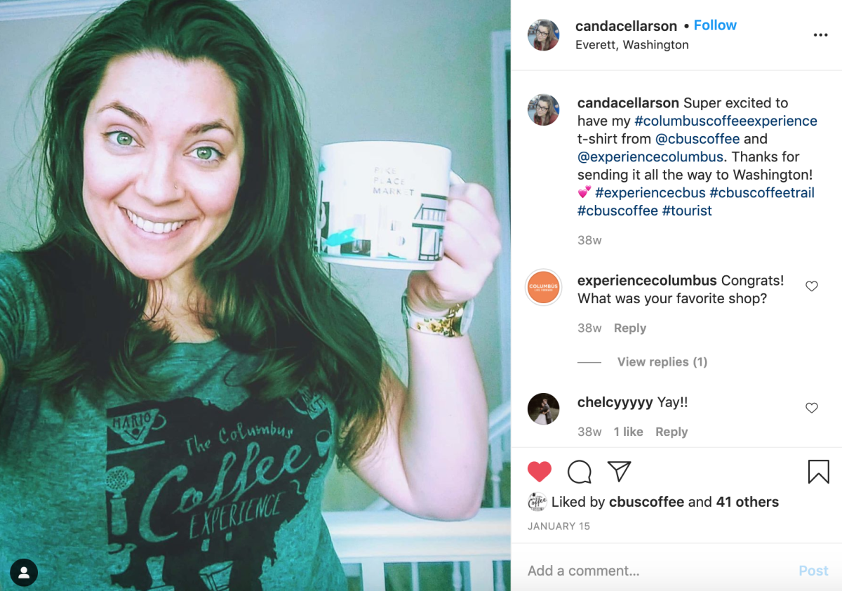 Candace Larson shares joy over receiving her coffee trail shirt on Instagram