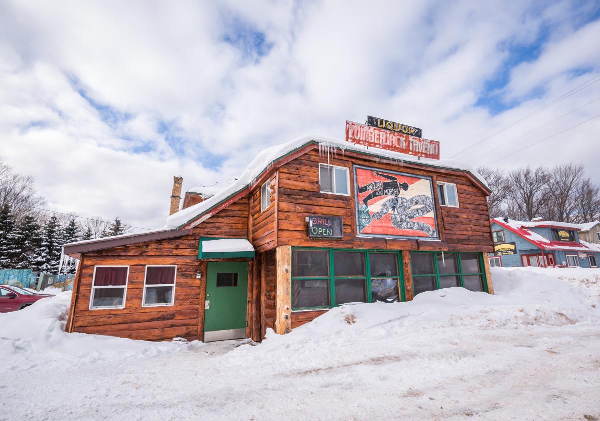The snowy exterior of the notorious Lumber Jack Tavern in Big Bay, MI