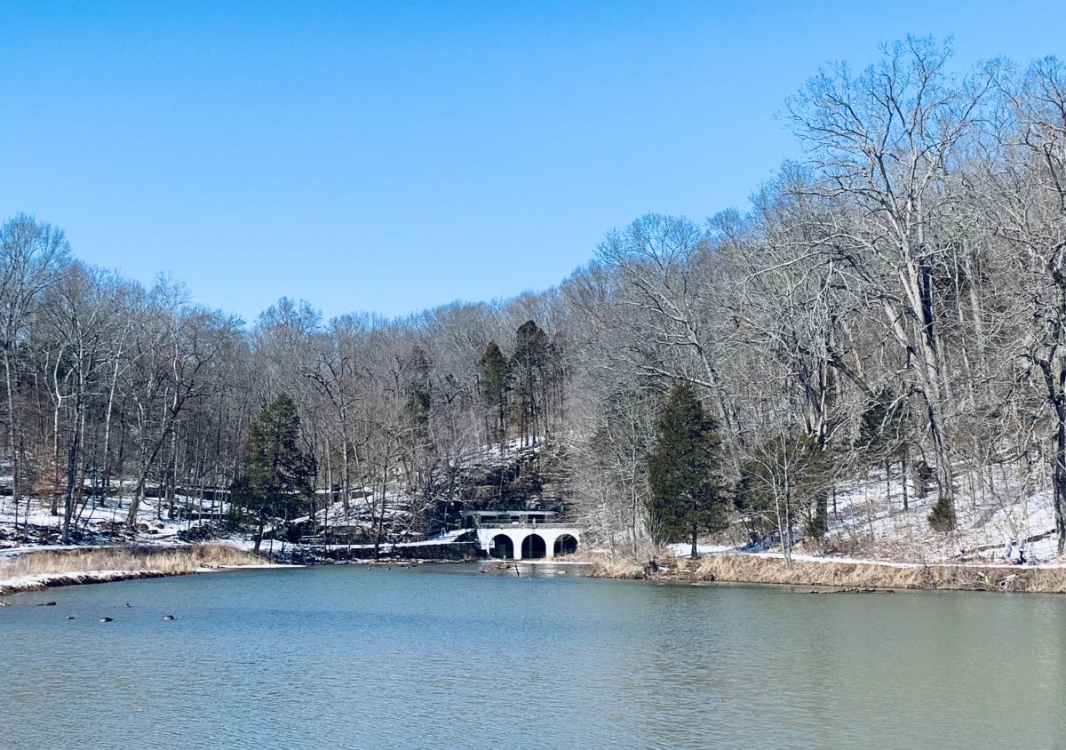 lake and cave in the snow