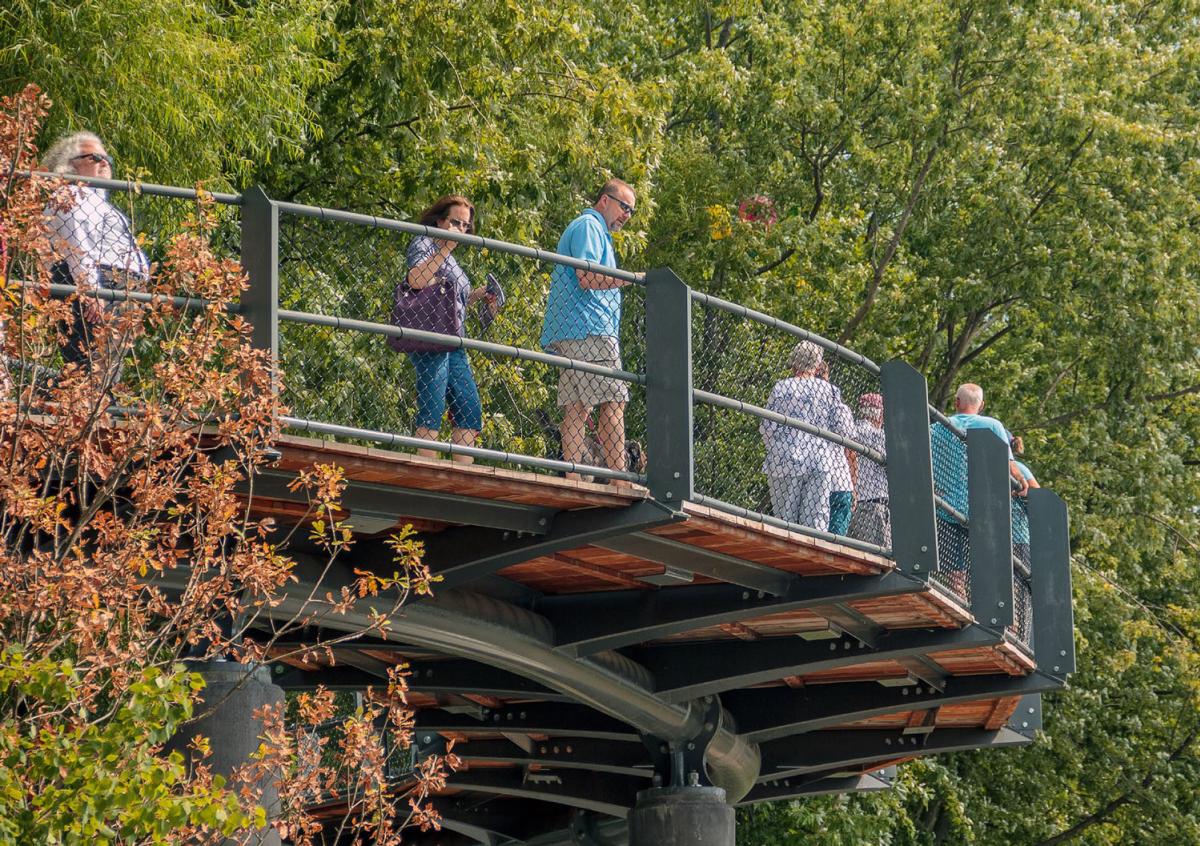 People walking on the Tree Canopy Trail at Promenade Park in Fort Wayne, Indiana