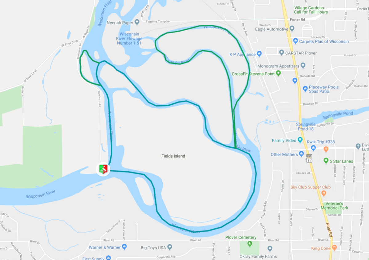 Official route map of the Blue Heron Loop on the Wisconsin River.