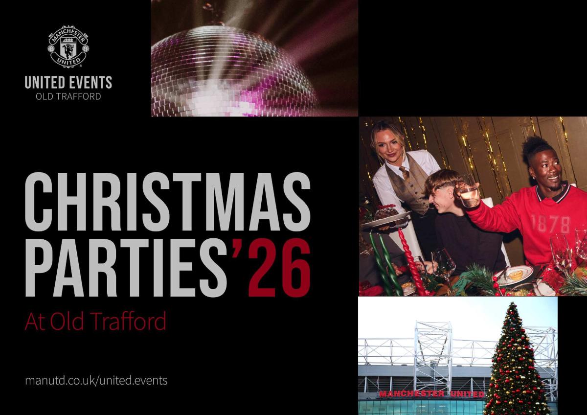 Promotional collage for Christmas Parties ’26 at Old Trafford. The image features the Manchester United Events logo, festive lighting, a dining scene with guests seated at a decorated table, and a Christmas tree displayed beside Old Trafford stadium. Large white text reads: “CHRISTMAS PARTIES ’26 at Old Trafford”, with the website manutd.co.uk/united-events shown at the bottom.