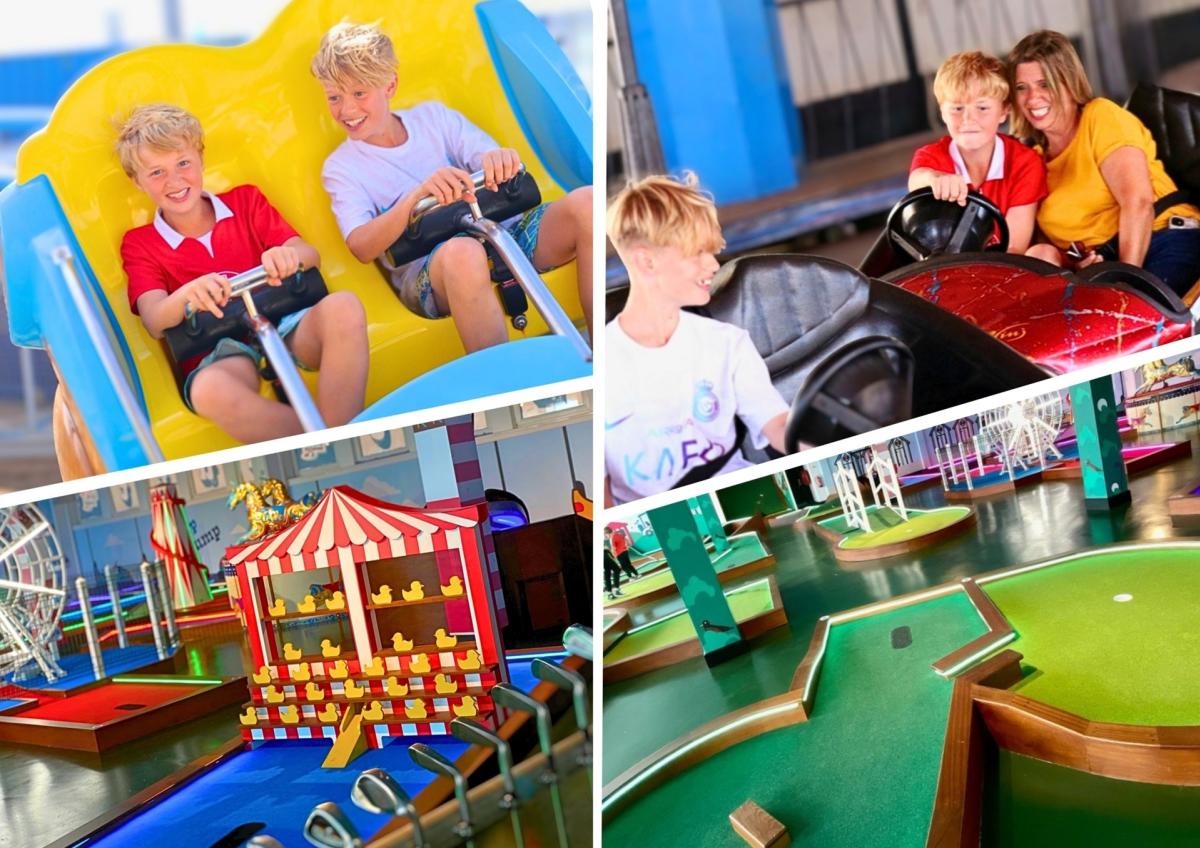 Composite of four photographs showing a family enjoying rides and golf at Clarence Pier