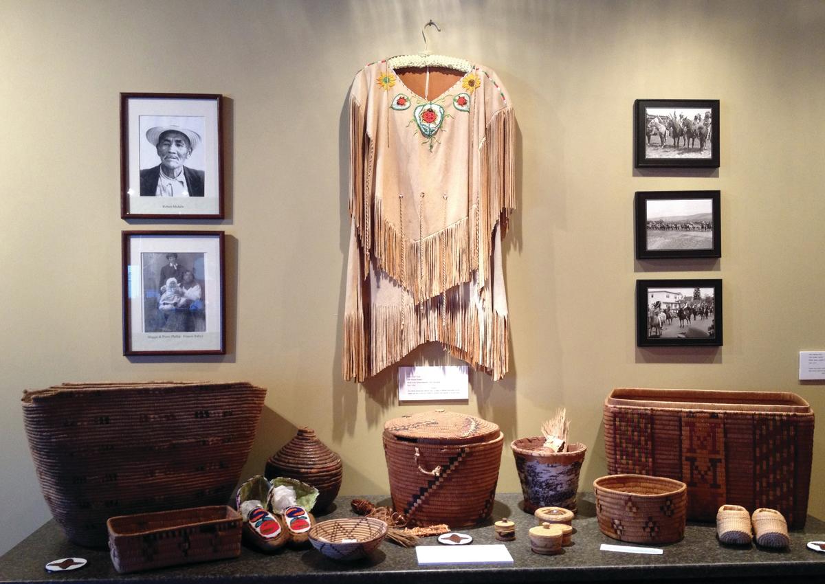 A display of traditional Okanagan crafts, including a variety of baskets, at the Sncəwips Heritage Museum