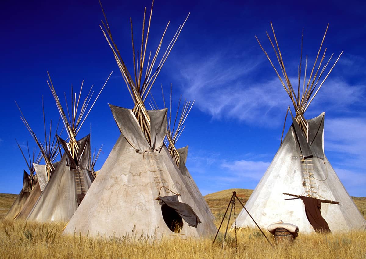 Five Native American tepees on the open prairie