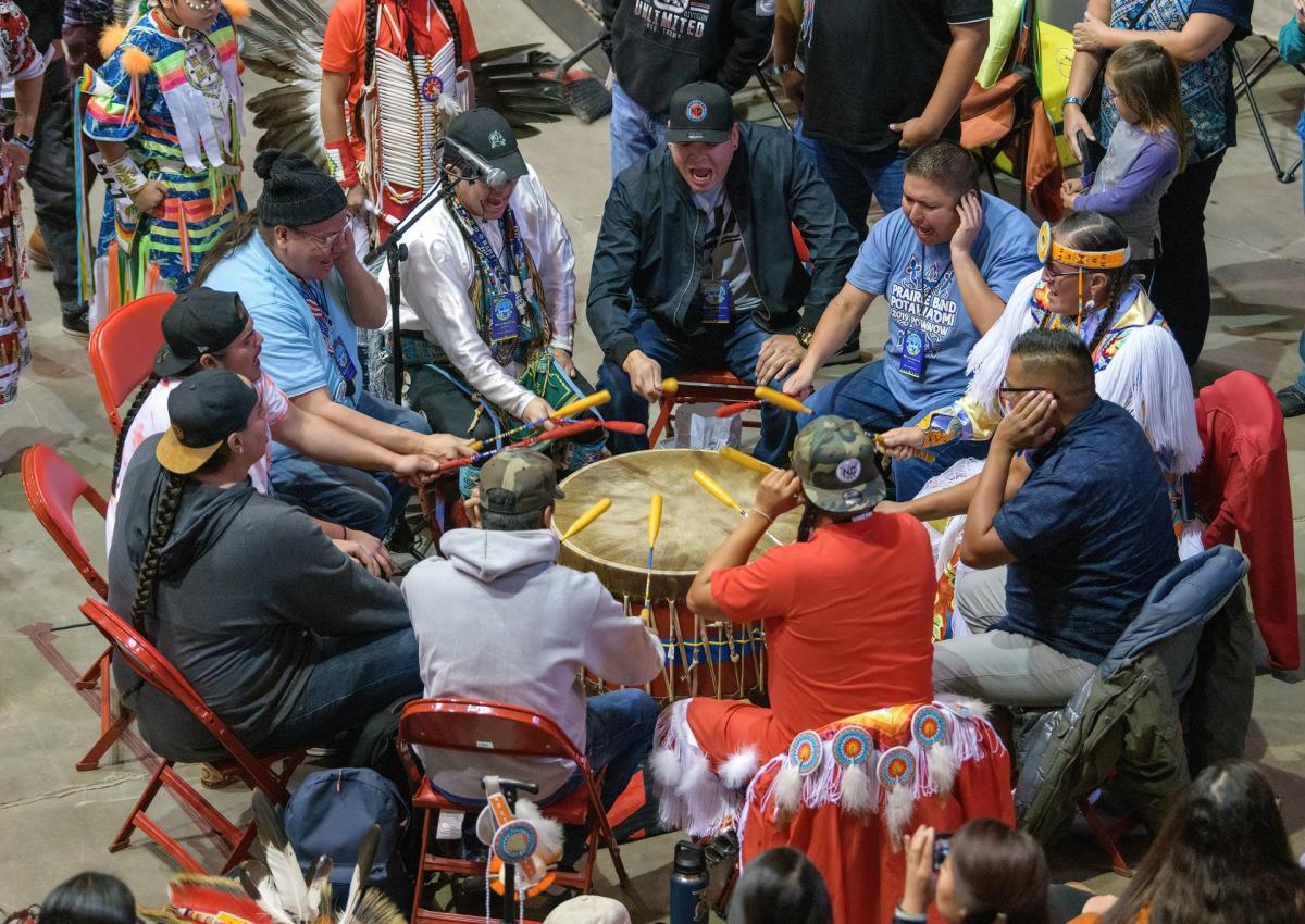 Drum circle singing at the black hills powwow in rapid city, sd