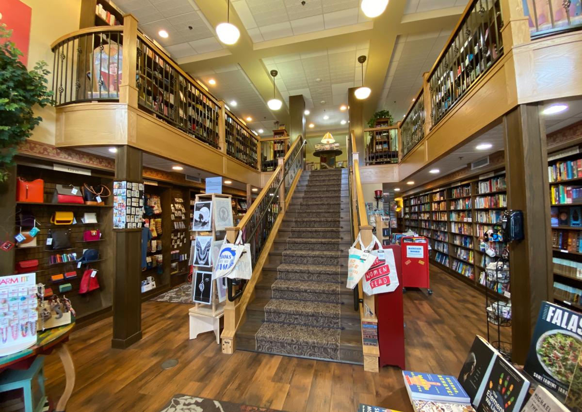 staircase and bookshelves inside the charming Mitzi's bookstore in rapid city sd