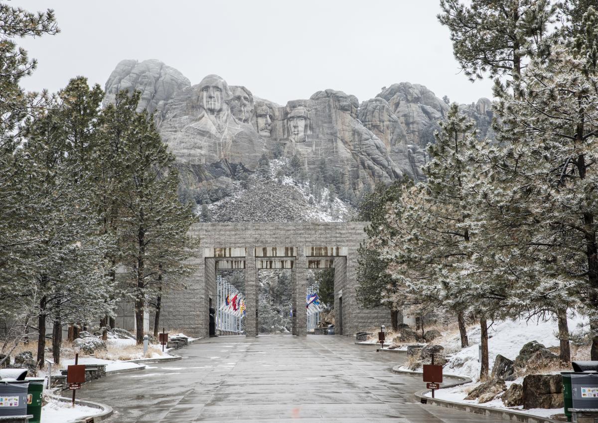 winter day at mount rushmore national memorial with snow and no crowds