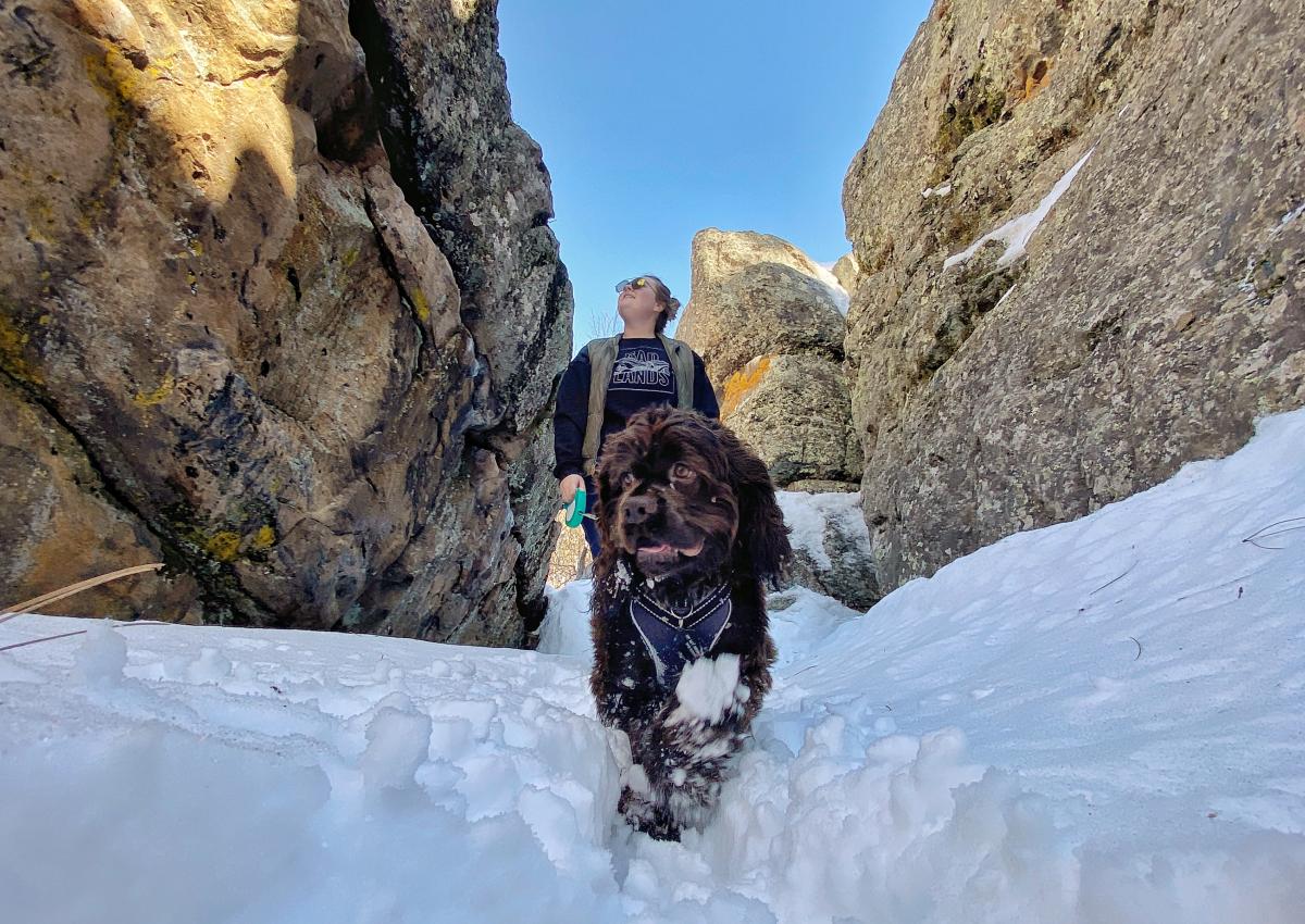 person hiking nemo rock maze in the winter with dog in the black hills