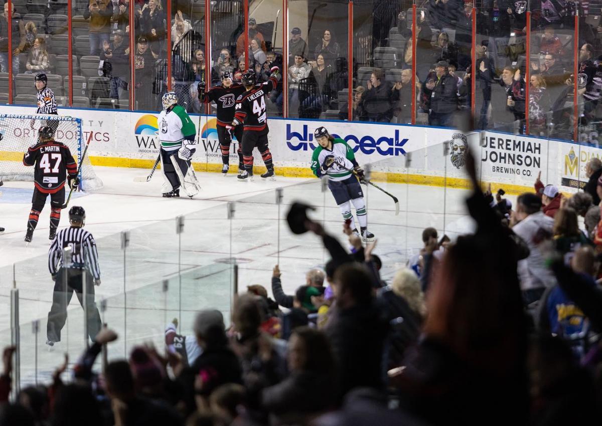 audience cheering on the rapid city rush hockey team during a game in rapid city, sd