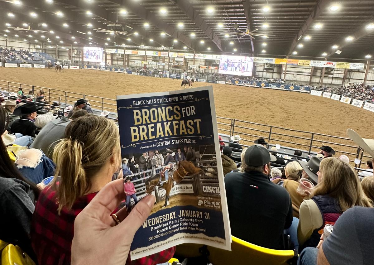program in the arena for the black hills stock show broncs for breakfast event in rapid city, Sd