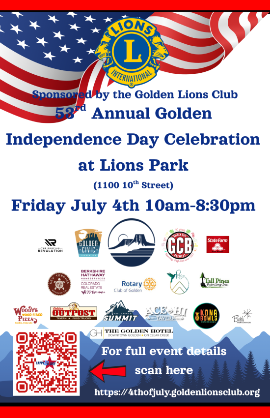 A poster showcasing the events and sponsors for the Independence Day Celebration at Lions Park in Golden, Colorado, on Friday, July 4th, 2025.