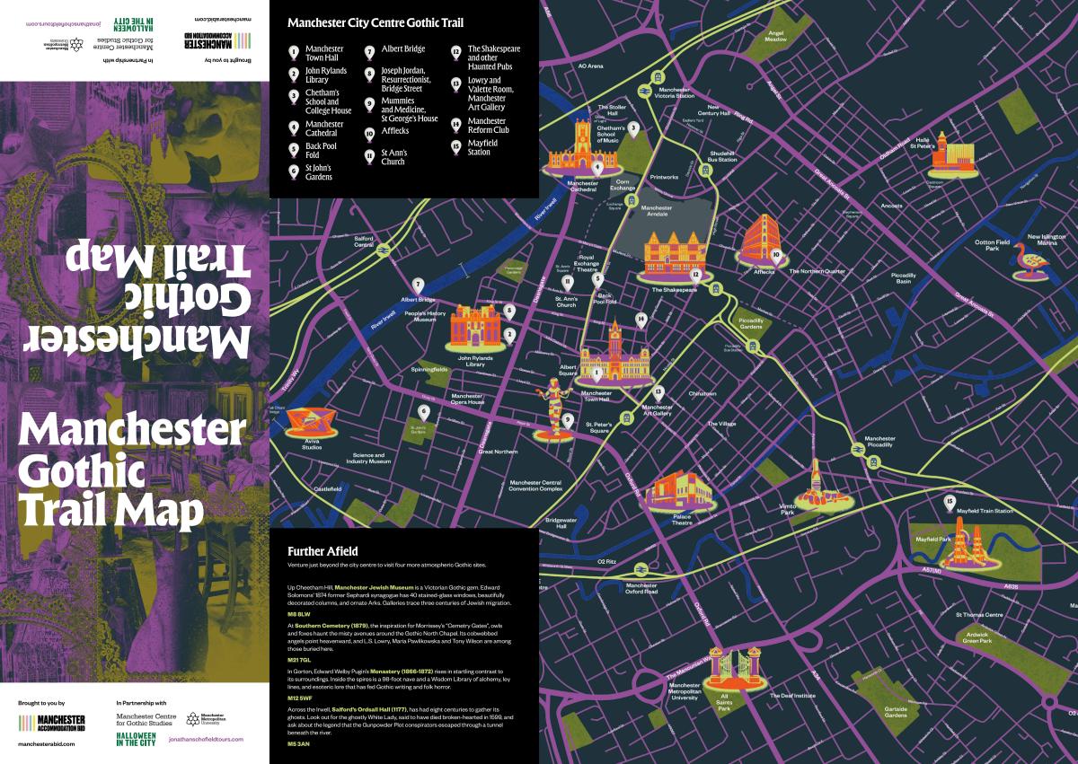 A map of Manchester's gothic trail, which plots 15 key gothic venues,