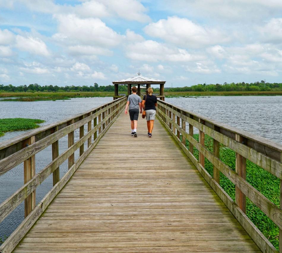 People Walking Down The Pier Of Cattail Marsh In Beaumont, TX