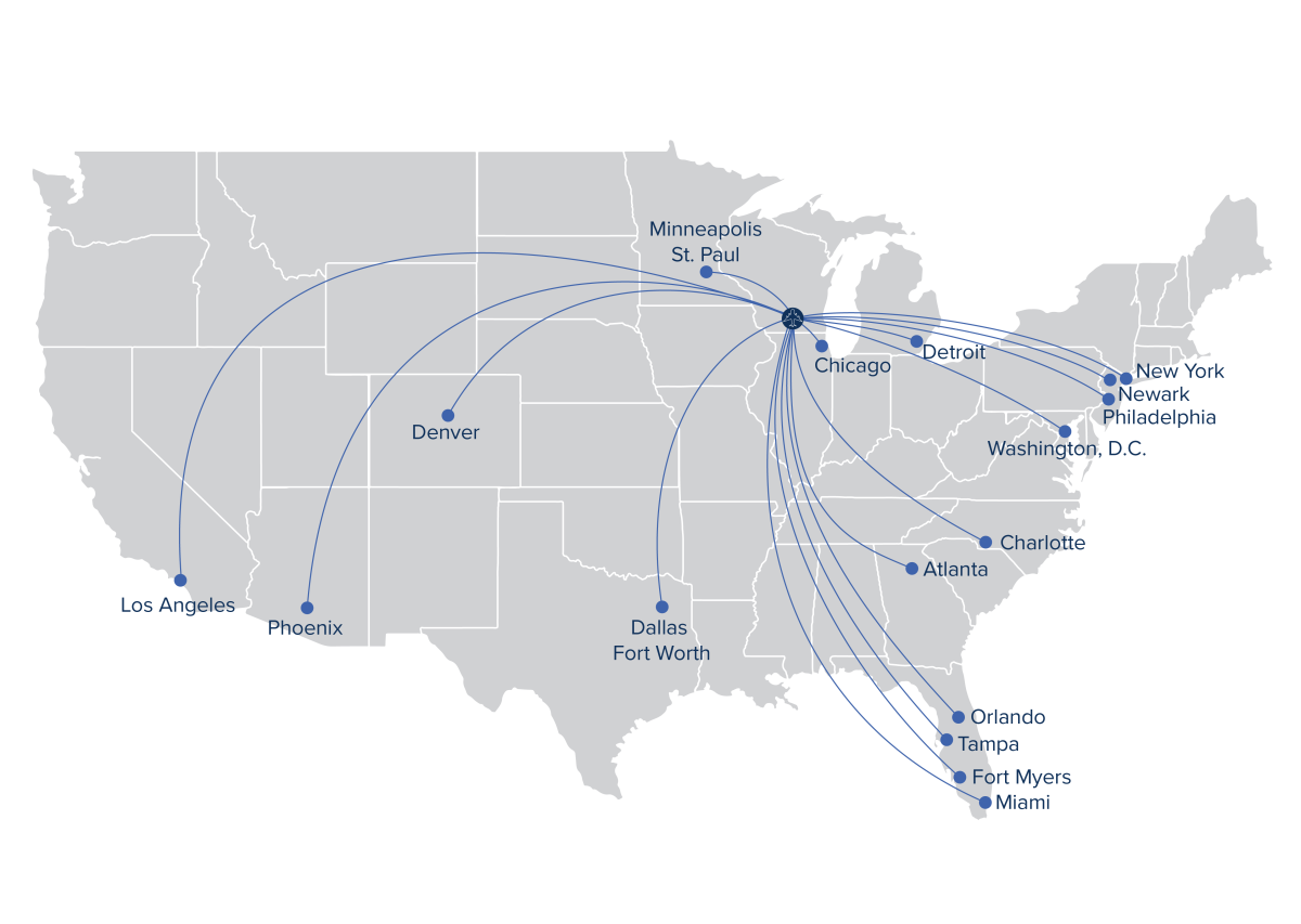 A map of the direct flights from DCRA