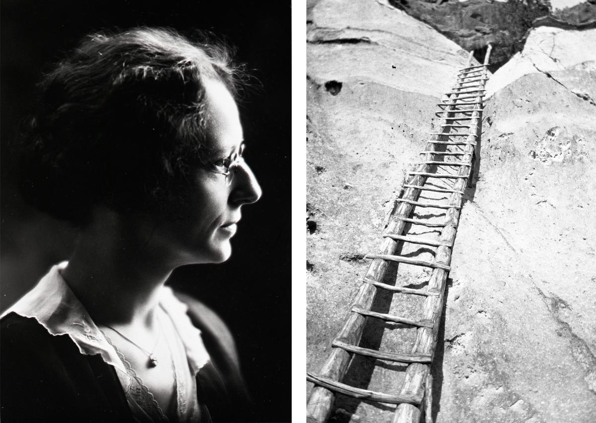 Alabama Milner’s portrait, ca. 1930, Alabama Milner photo of the ladder at a cliff dwelling, ca. 1919–50, New Mexico Magazine