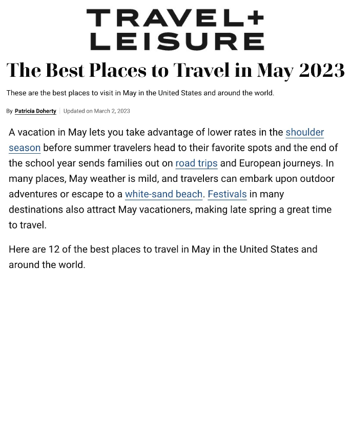 Travel & Leisure The Best Places to Travel in May 2023
