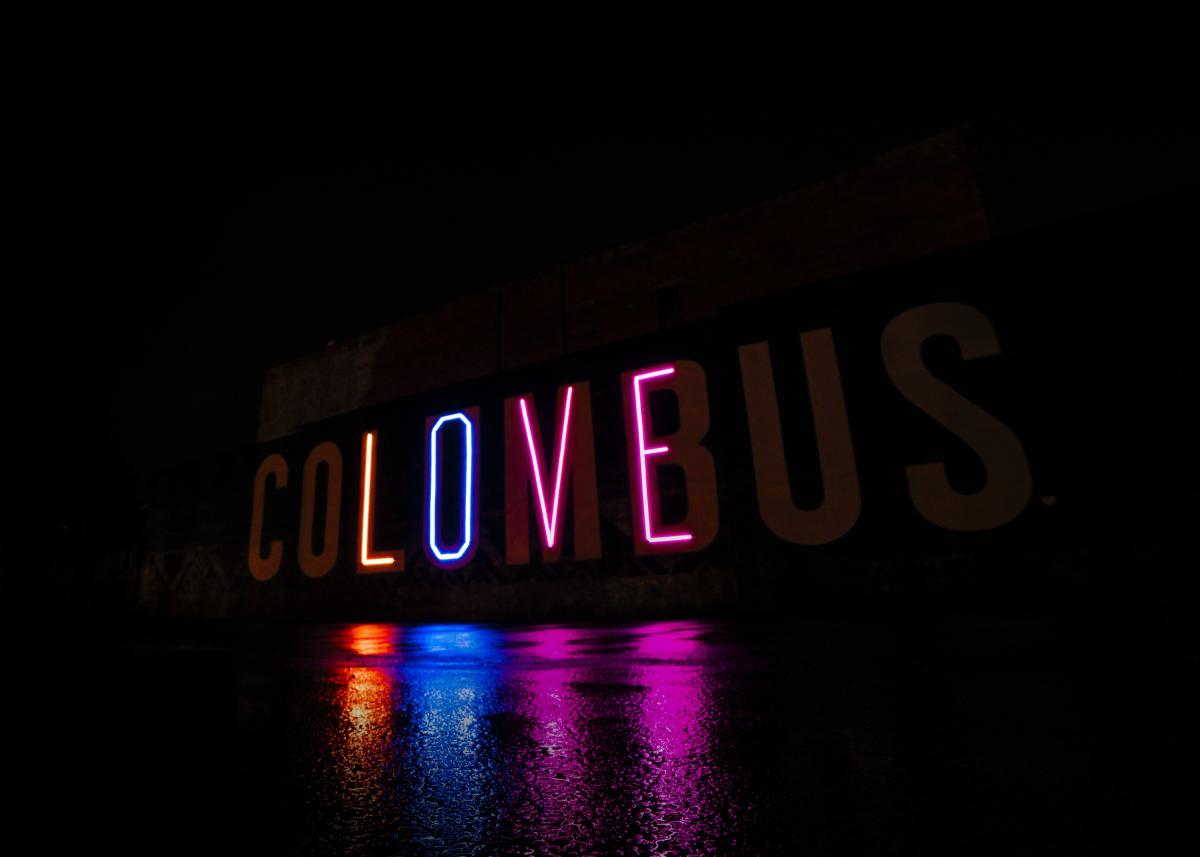 Columbus LOVE Mural lit at night