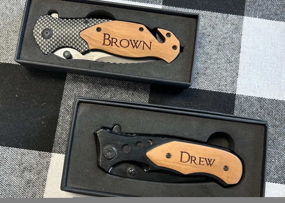 Custom-engraved pocket knives at MRC Wood Products in Brownsburg