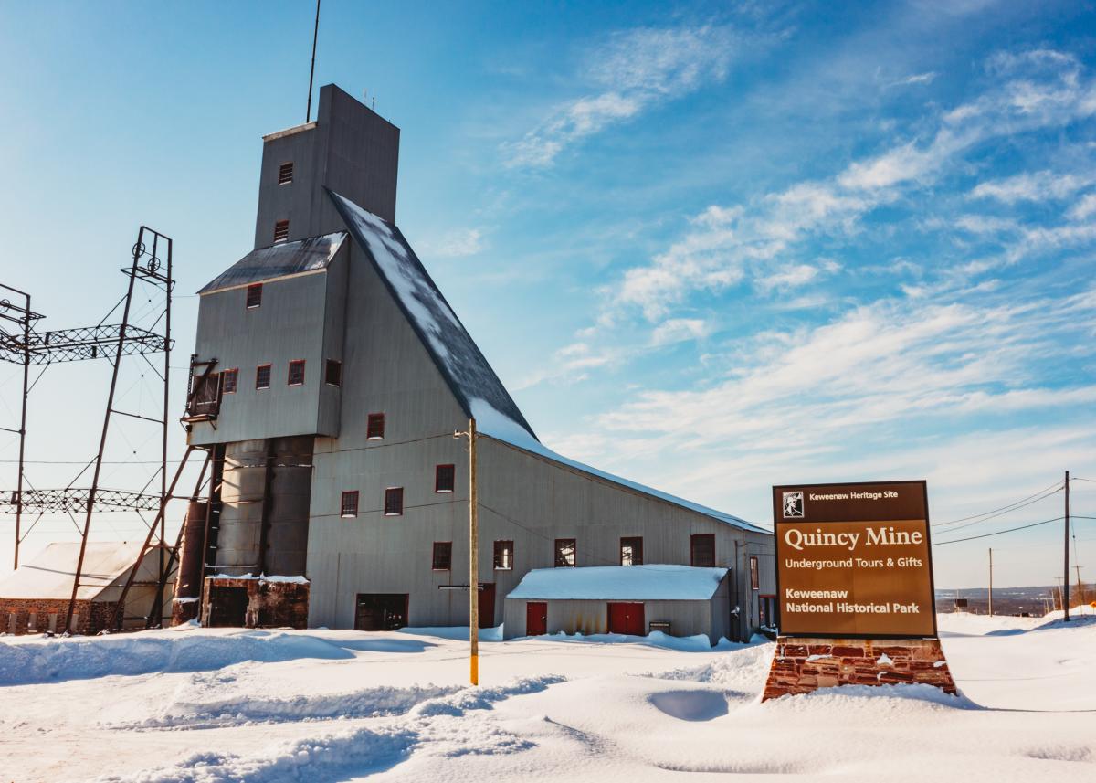 historic mine hoist in winter