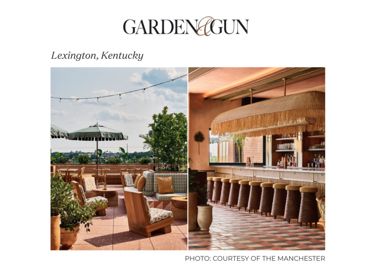 Garden & Gun, two photos of the rooftop bar, Lost Palm featuring patio and bar area