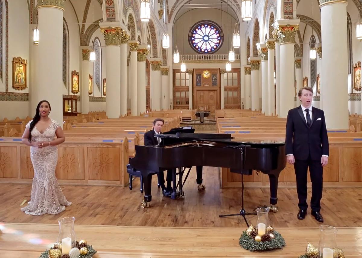 Joshua Dennis and Briana Elyse Hunter at the Cathedral Basilica, in Santa Fe