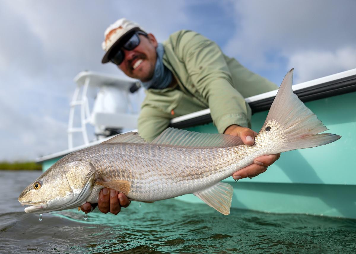 A man in a green shirt and white cap smiling while holding a large redfish (Red drum) on a boat in Port Aransas.