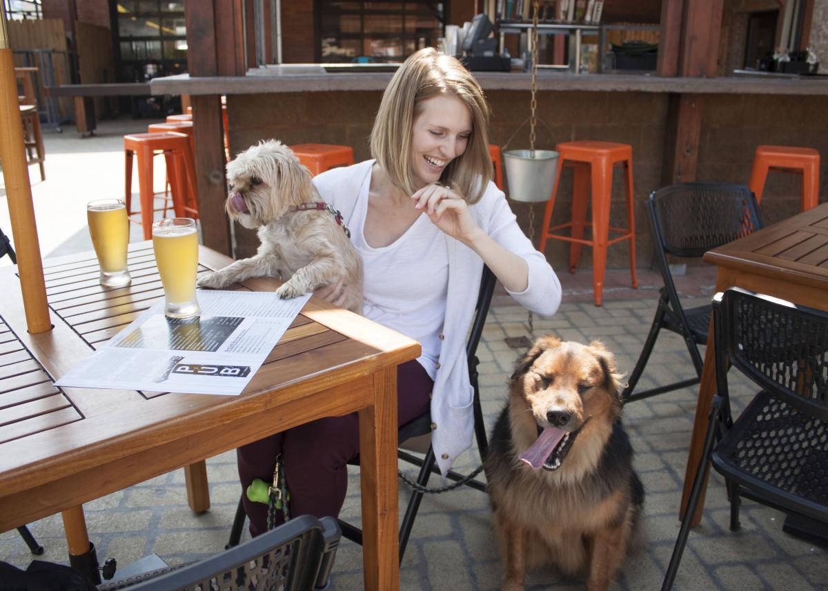 A woman smiles at a wooden patio table with two dogs; one on her lap licking its nose, the other yawning. Two beers and an open menu are on the table.