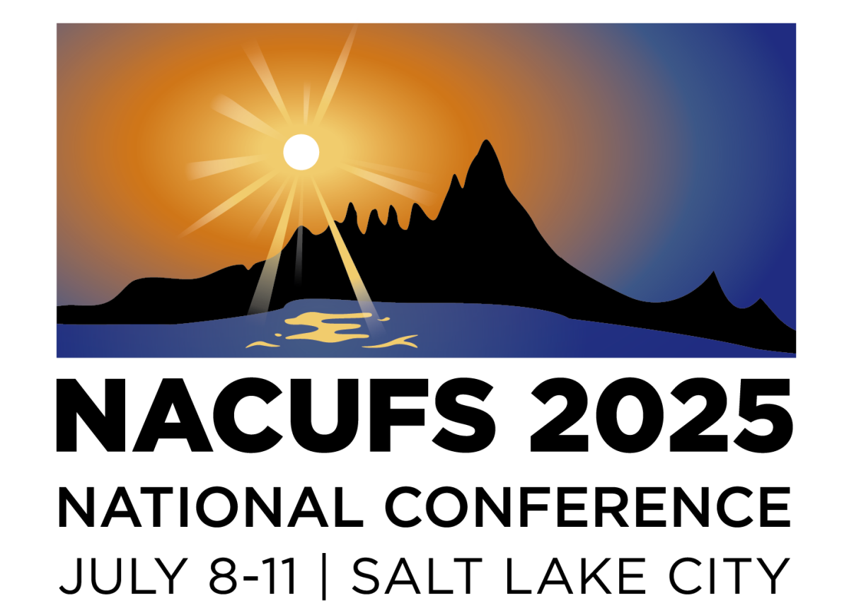 Logo of NACUFS showing black mountains with an orange and blue sunrise reading NACUFS 2025 National Conference July - 11, 2025 Salt Lake City