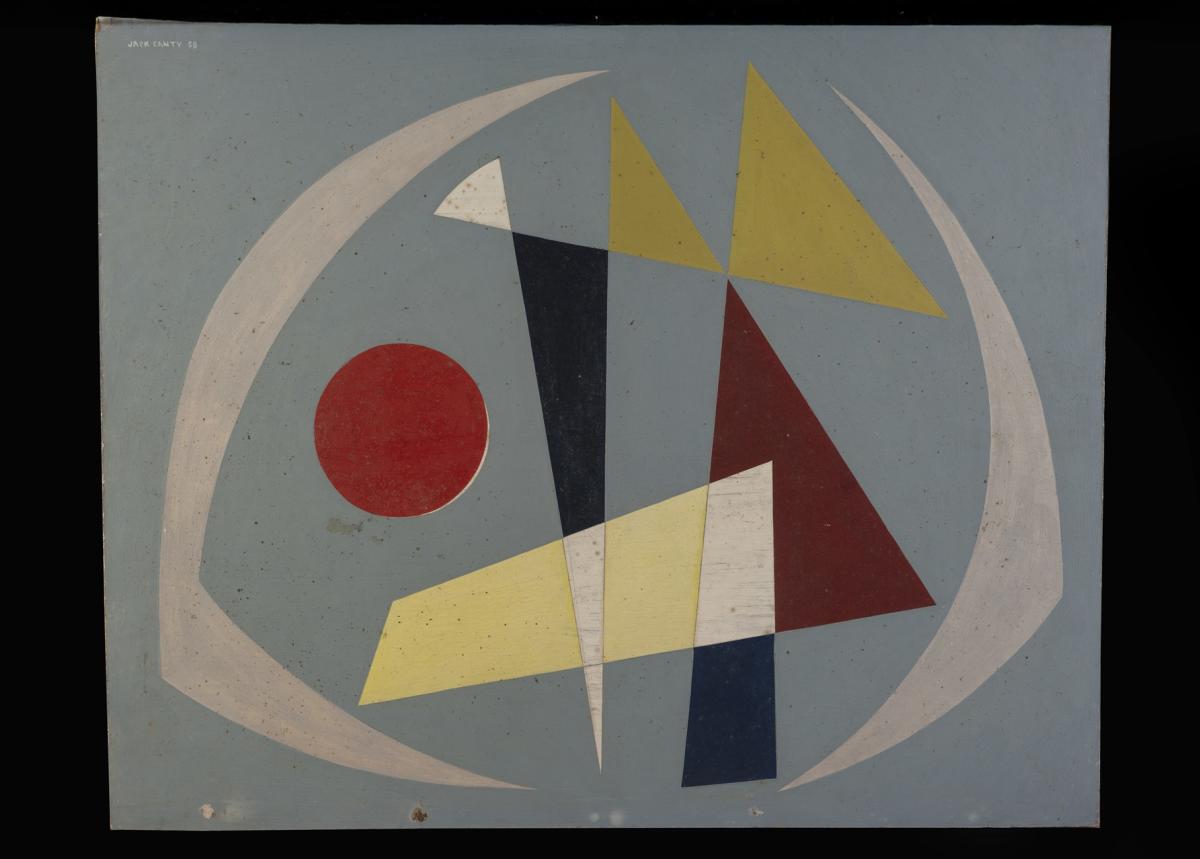A painting with a blue background with abstract shapes of triangles, circles and rectangles in red, yellow, black and white.