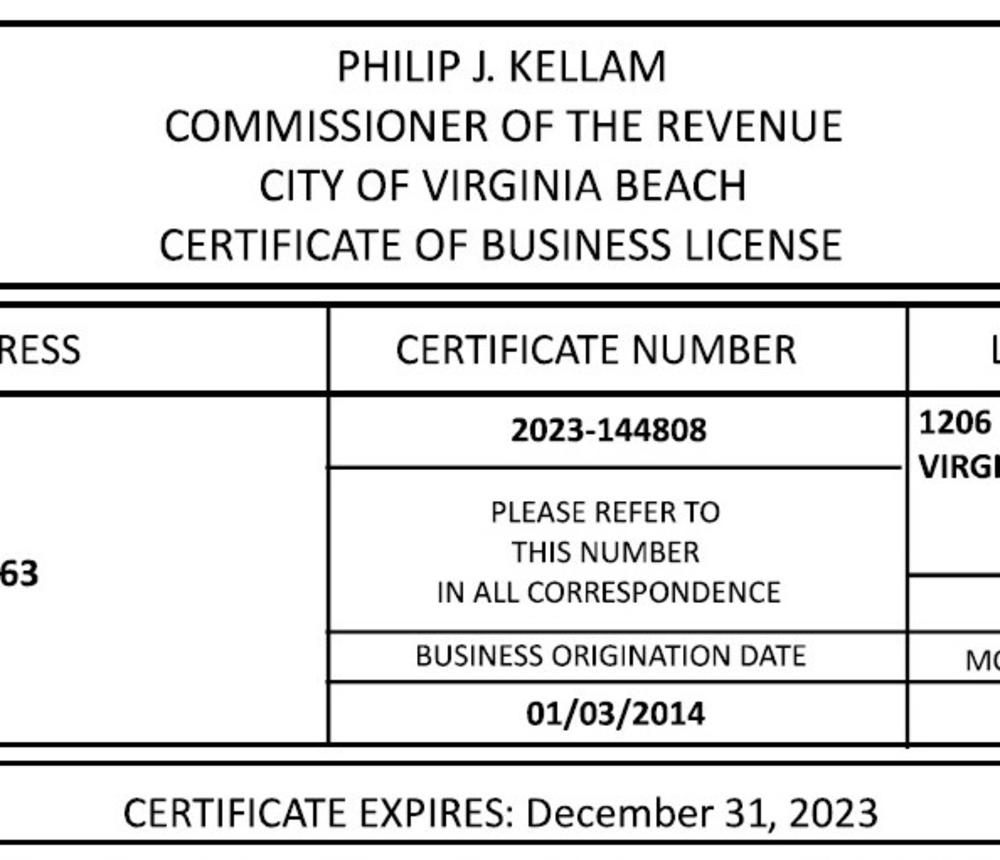 2023 Certificate of Virginia Beach Business License