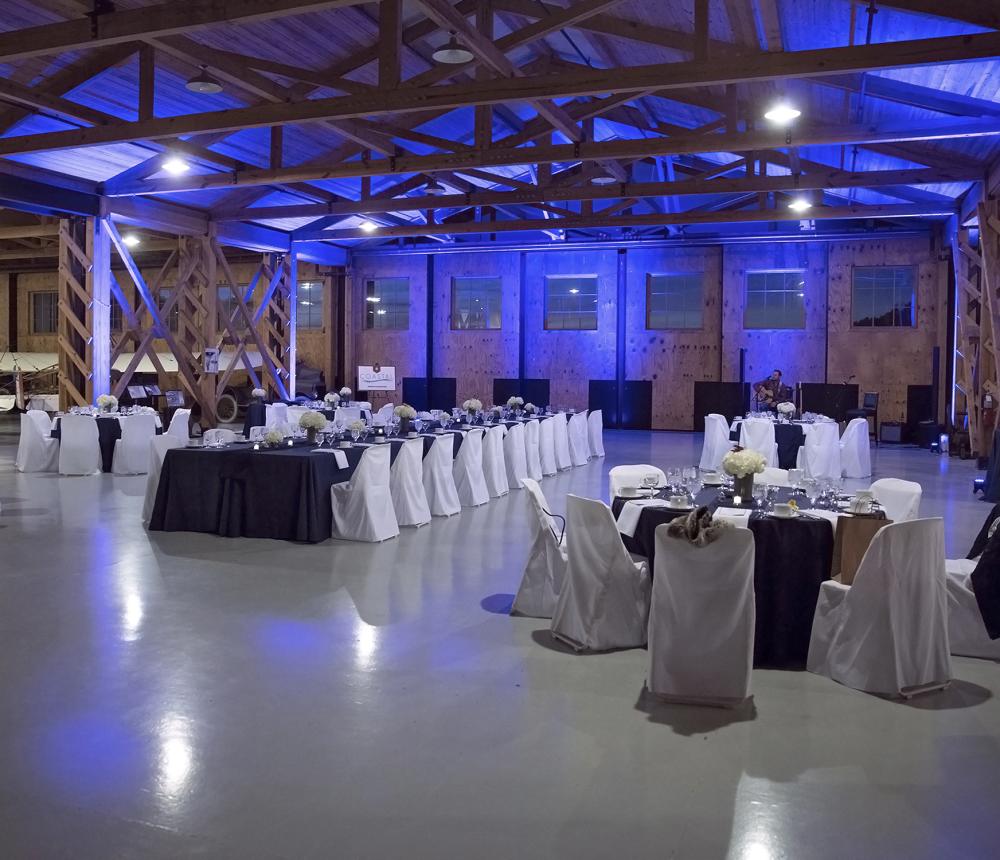 WWII Hangar Wedding Reception Blue Light