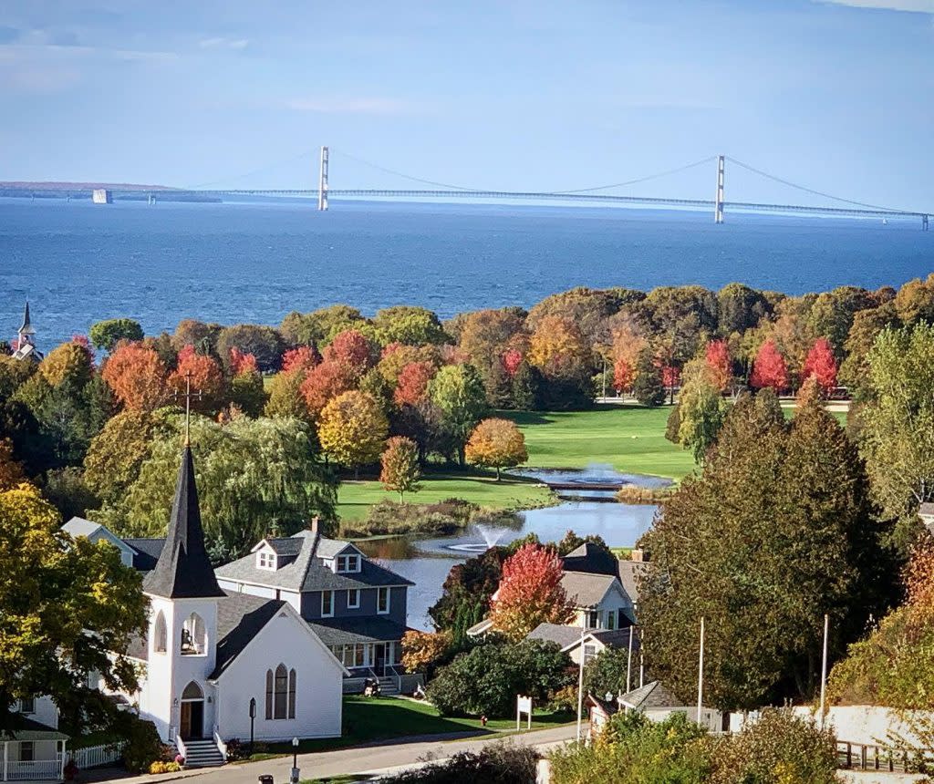The Mackinac Bridge makes for a beautiful photo backdrop as seen from Michigan’s Mackinac Island.