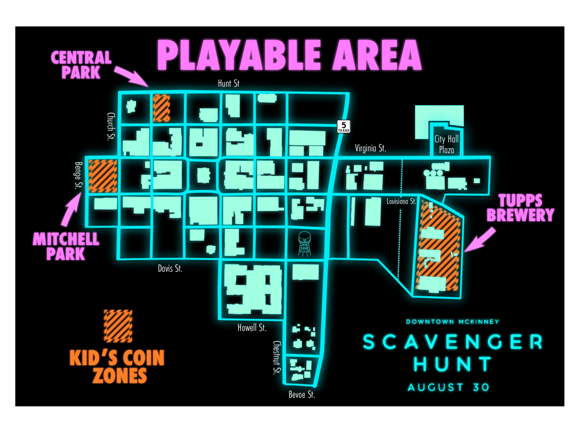 Neon map of Downtown McKinney with areas to search for during the scavenger hunt.