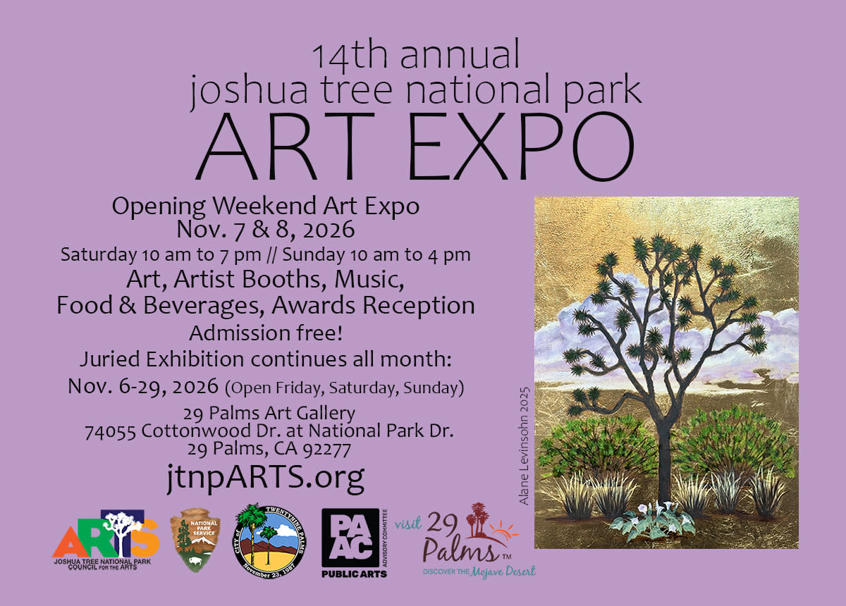 Promotional poster for the 14th annual Joshua Tree National Park Art Expo, November 7–8, 2026, at 29 Palms Art Gallery, featuring a Joshua tree painting. Free admission.