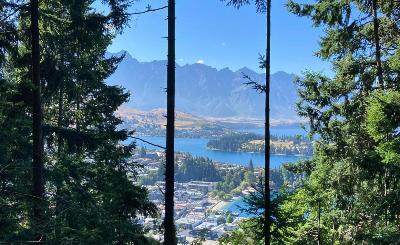 Views through trees along the Tiki Trail of the Remarkables and Queenstown