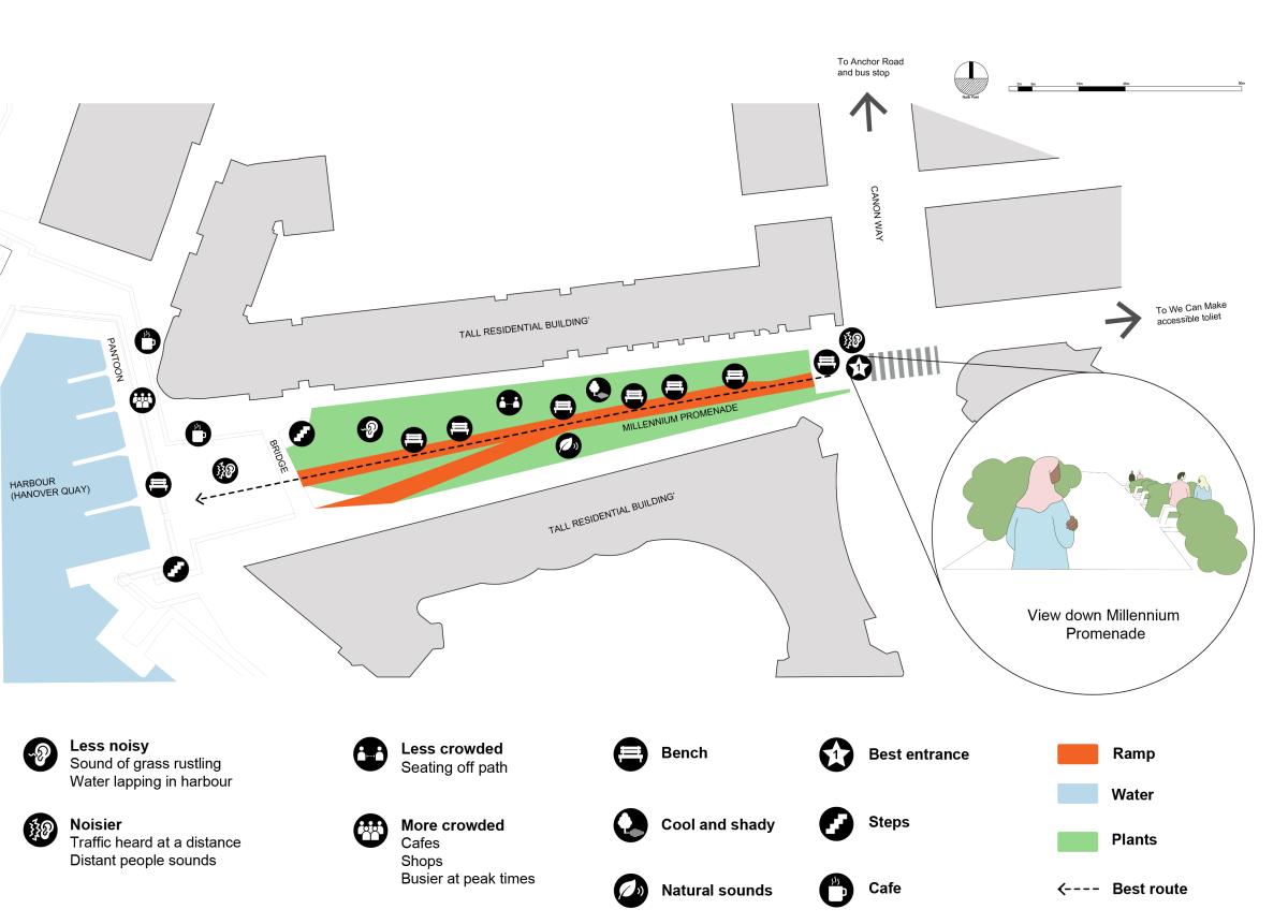 An image showing a graphic site plan of one of the Bristol Quiet Areas, Millennium Promenade. The image shows the area in greater detail with icons for different elements such as 'less noisy', 'less crowded', 'steps' among others.