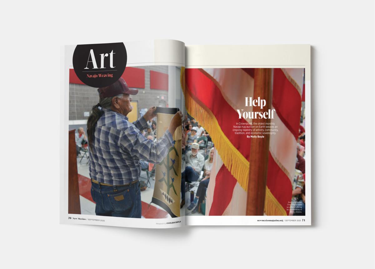 Magazine spread titled “Art” showing a person presenting a woven textile and a large U.S. flag.