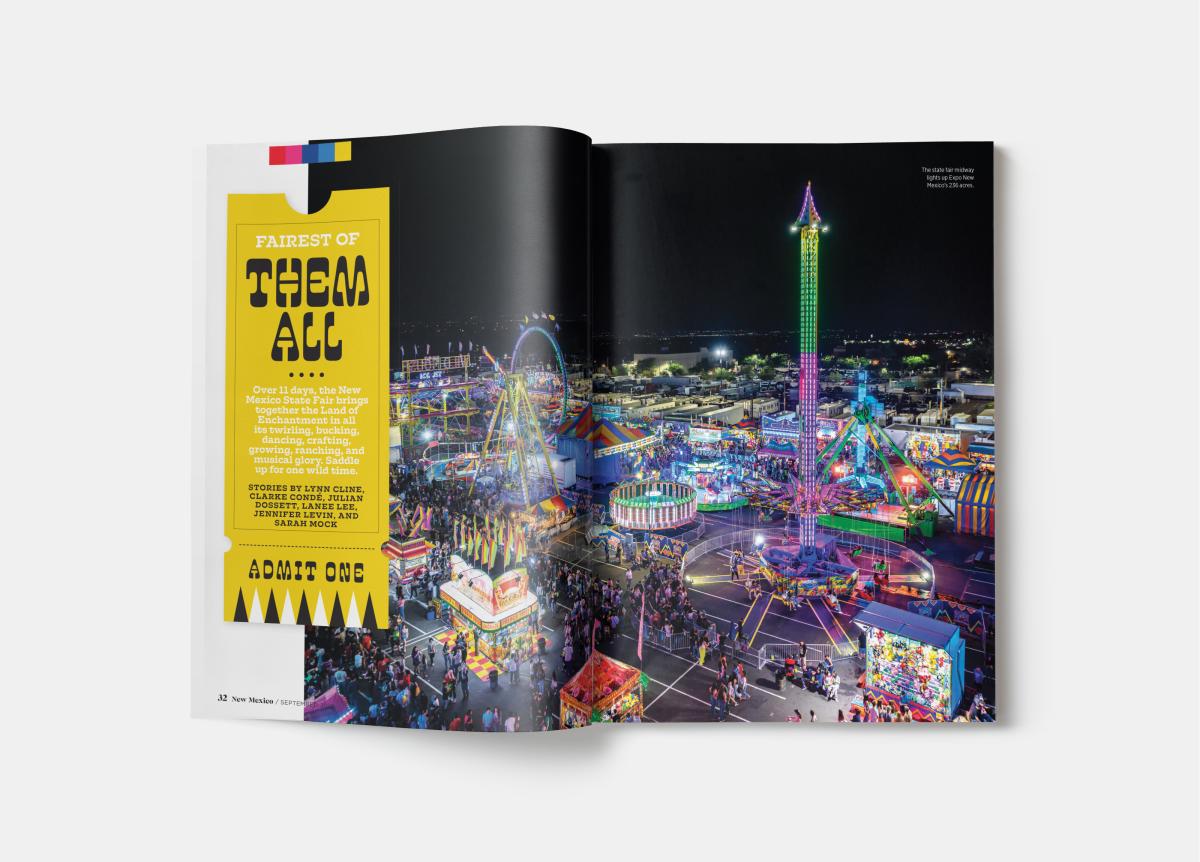 Magazine spread featuring a nighttime state fair scene with bright rides and crowds.