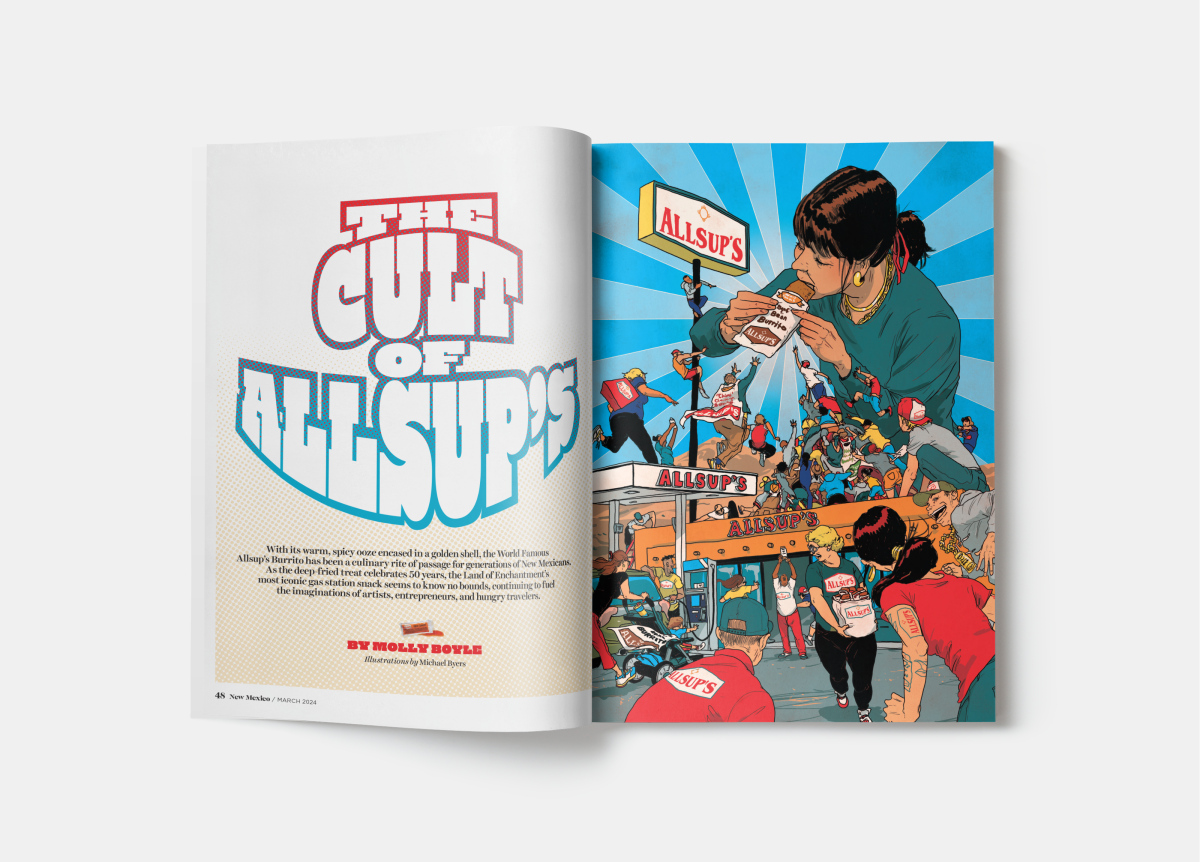Open magazine spread with "The Cult of Allsup's" title on the left in bold, retro style text. Right side shows a vibrant comic-style illustration of diverse people enthusiastically gathering at an Allsup's store, with a large woman eating a burrito in the foreground.