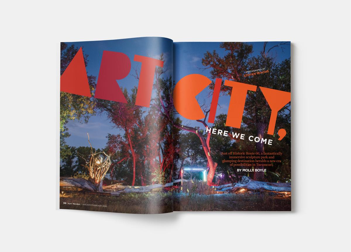 Magazine spread with large “Art City” title over a nighttime scene of illuminated trees and outdoor sculptures.
